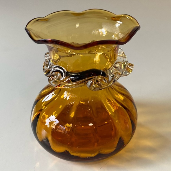 Vintage Pilgrim Glass Amber Vase with Applied Clear Glass Accents - 3.5” - Picture 4 of 10